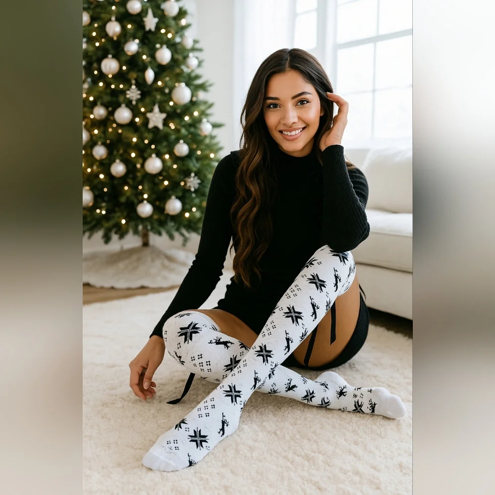 Tall Reindeer Fair Isle Over-the-knee Socks Long Ribbon Bow Stocking Holiday